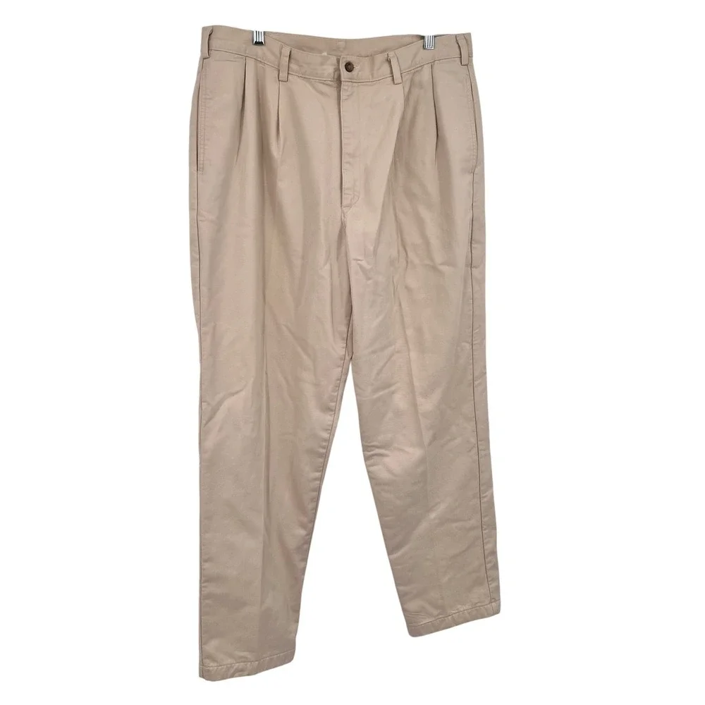 LL‎ Bean Mens 36x32 Flannel Lined Chino Pants Khaki Pleated Vintage Made in USA